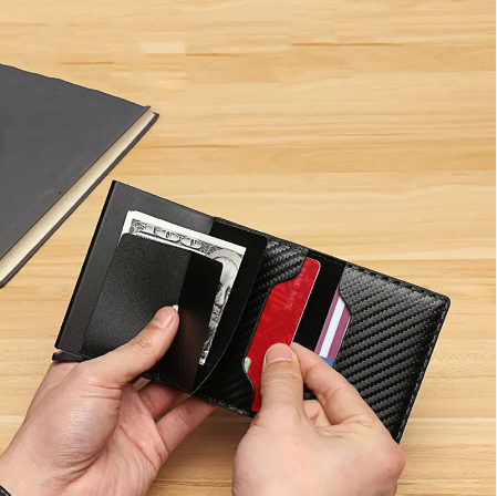 RFID Protected Leather Wallet with AIRTAG Holder (Black Carbon Fiber)